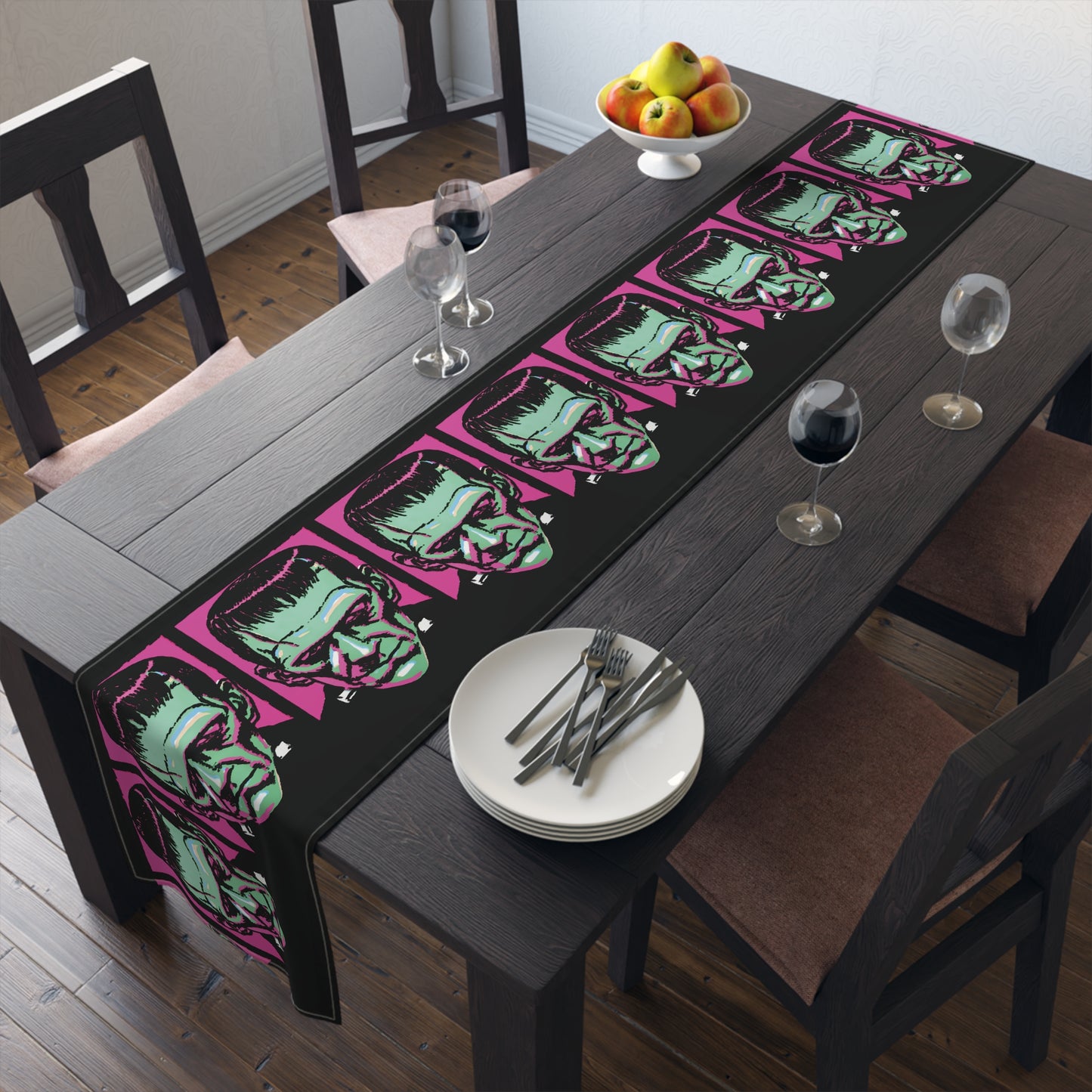 Frankenstein Monster Retro Halloween Print Black Cotton Poly Table Runner