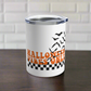 This 10 ounce stainless steel travel tumbler mug features orange retro lettering that says Halloween Vibes Only with black and white checkered print with flying bats. 