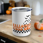 This 10 ounce stainless steel travel tumbler mug features orange retro lettering that says Halloween Vibes Only with black and white checkered print with flying bats. 