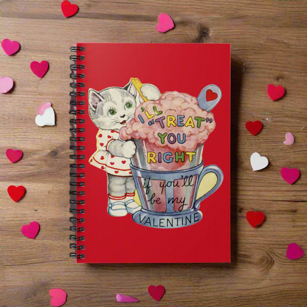 This red spiral notebook features a midcentury Valentine's Day illustration of a cute cat with a pink milkshake that says I'll Treat You Right if you'll be my Valentine.