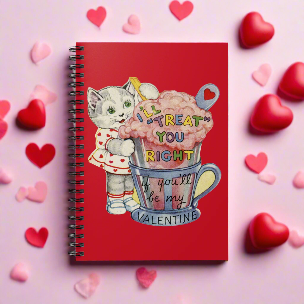 This red spiral notebook features a midcentury Valentine's Day illustration of a cute cat with a pink milkshake that says I'll Treat You Right if you'll be my Valentine.