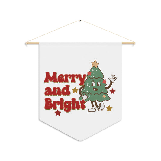 Merry And Bright Cute Christmas Tree Retro Style Christmas Wall Hanging Banner Flag