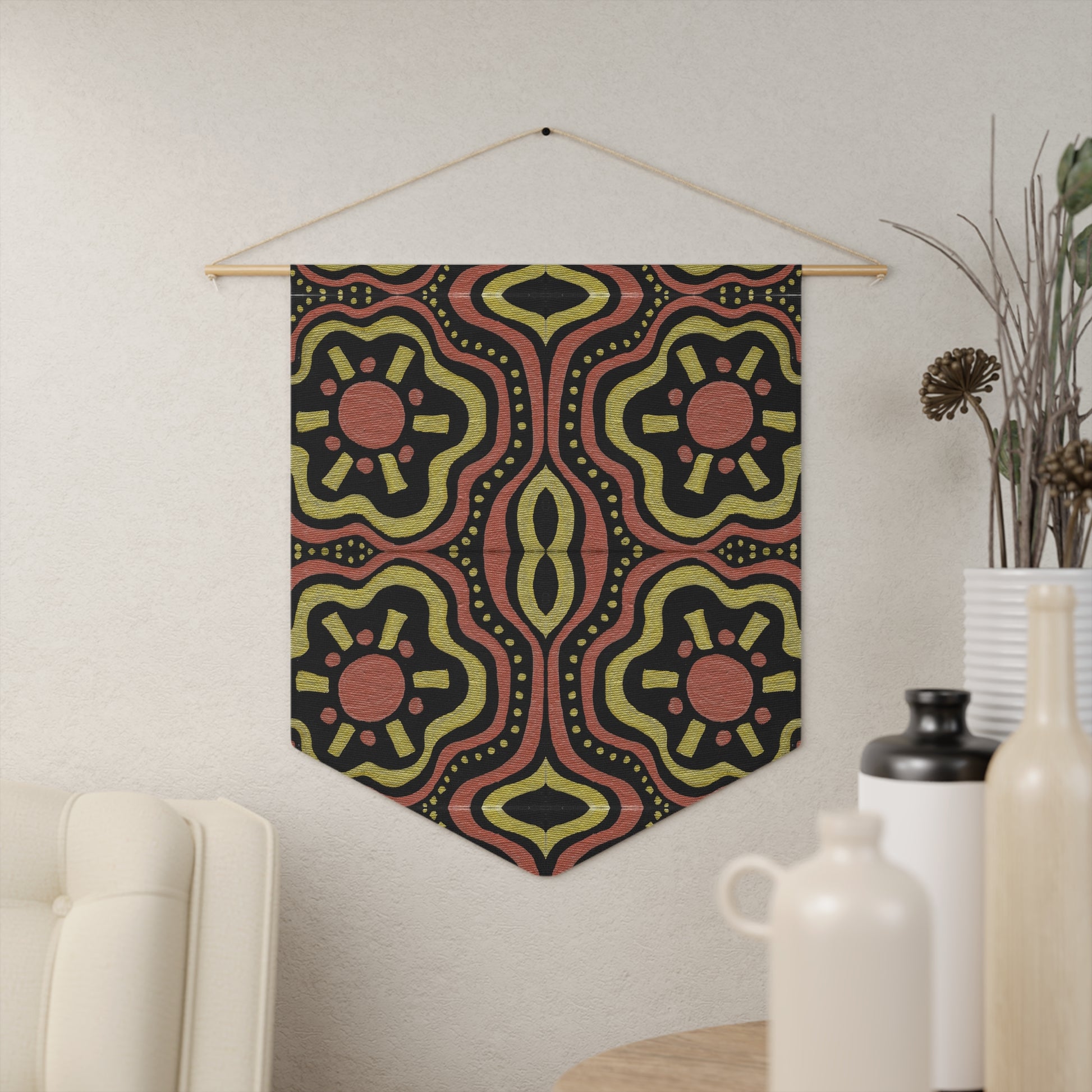 This fabric wall hanging features artwork by Caden Caraco. It features copper and gold suns in a mosaic pattern. Original medium is pen on black canvas.