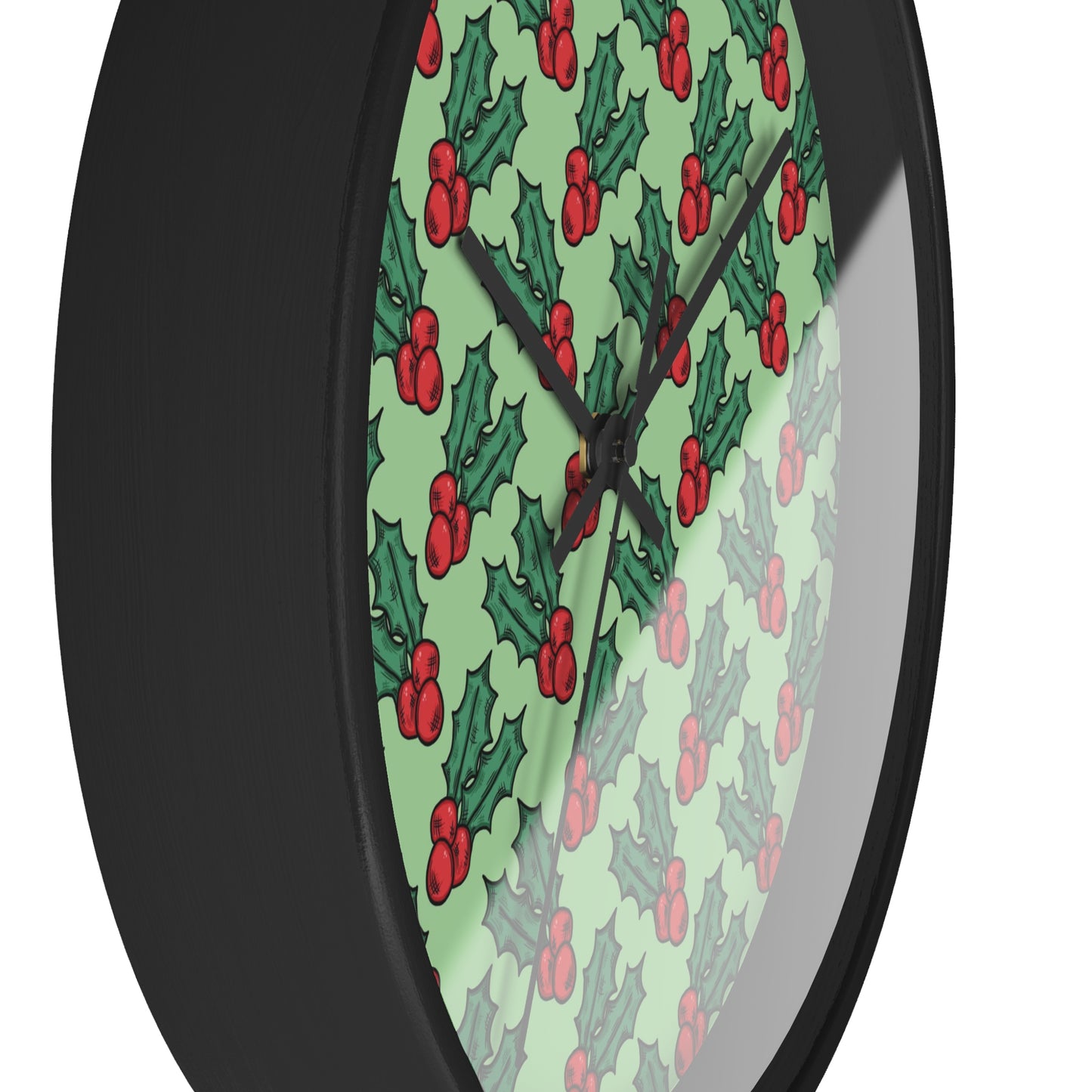 Cute Christmas Holly Christmas Print Black Wall Clock