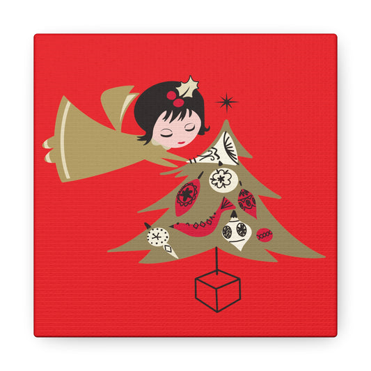 Gold Angel And Christmas Tree Retro Christmas Canvas Gallery Wrap