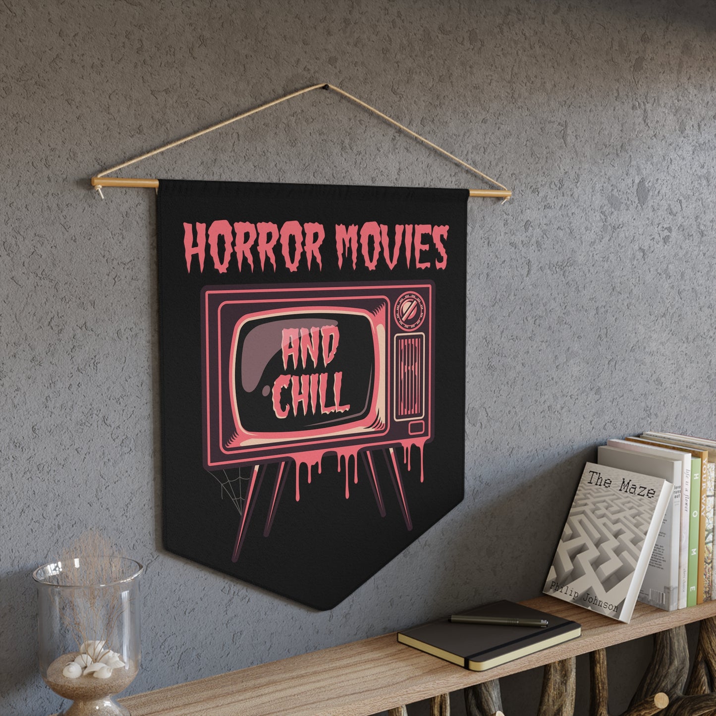 Horror Movies And Chill Retro Television Black Halloween Decor Print Wall Hanging Banner Flag