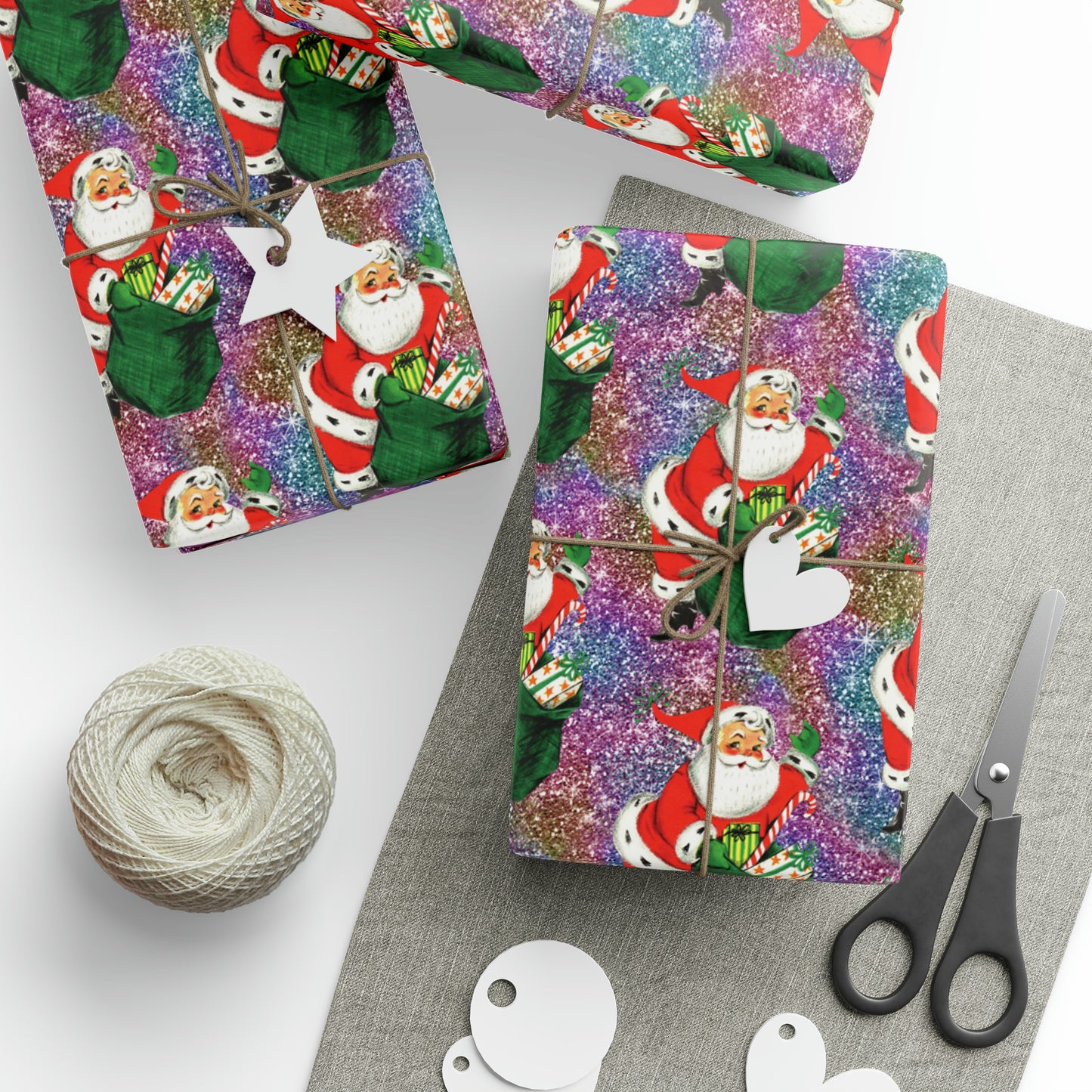 Santa With His Sack Of Presents Glitter Background Mid Century Retro Christmas Print Holiday Gift Wrap Paper - Glossy Or Matte