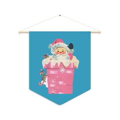 Pink Santa In Chimney Blue Mid Century Retro Print Christmas Print Wall Hanging Banner Flag