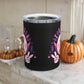 This 10 ounce stainless steel black travel tumbler mug features a distressed retro style illustration of Dracula and a bat that says Spooky Vibes.