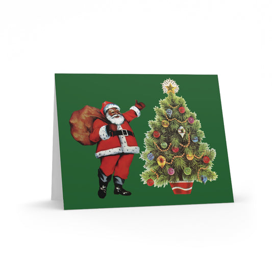 Santa With Christmas Tree Mid Century Retro Christmas Print Matte Greeting Cards (8, 16, and 24 pcs)