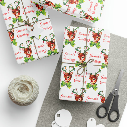 Season's Greetings Reindeer Mid Century Retro Christmas Print Holiday Gift Wrap Paper - Glossy Or Matte