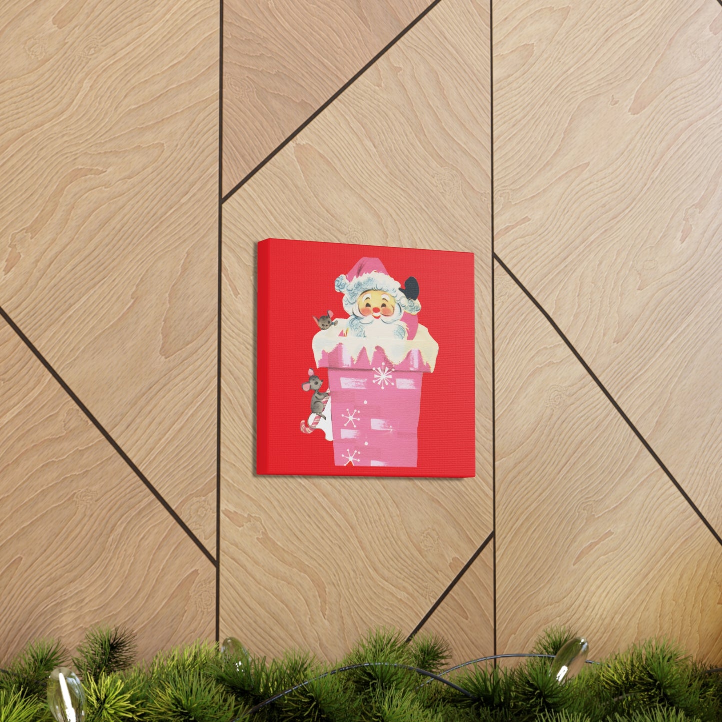 Santa In Chimney With Mice Mid Century Retro Christmas Canvas Gallery Wrap