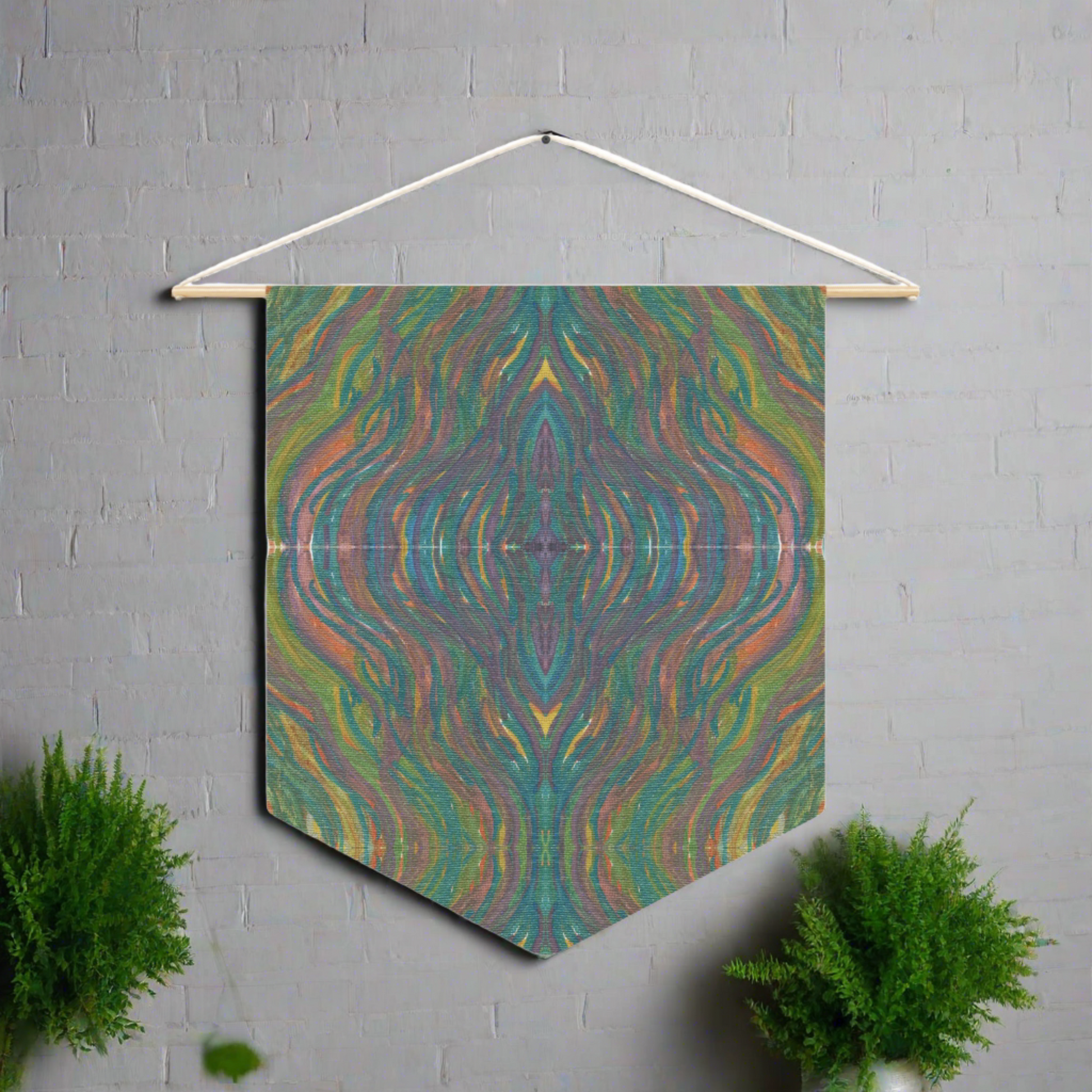 This fabric wall hanging by Caden Caraco features swirls of greens, yellows, blues, purples all blended.