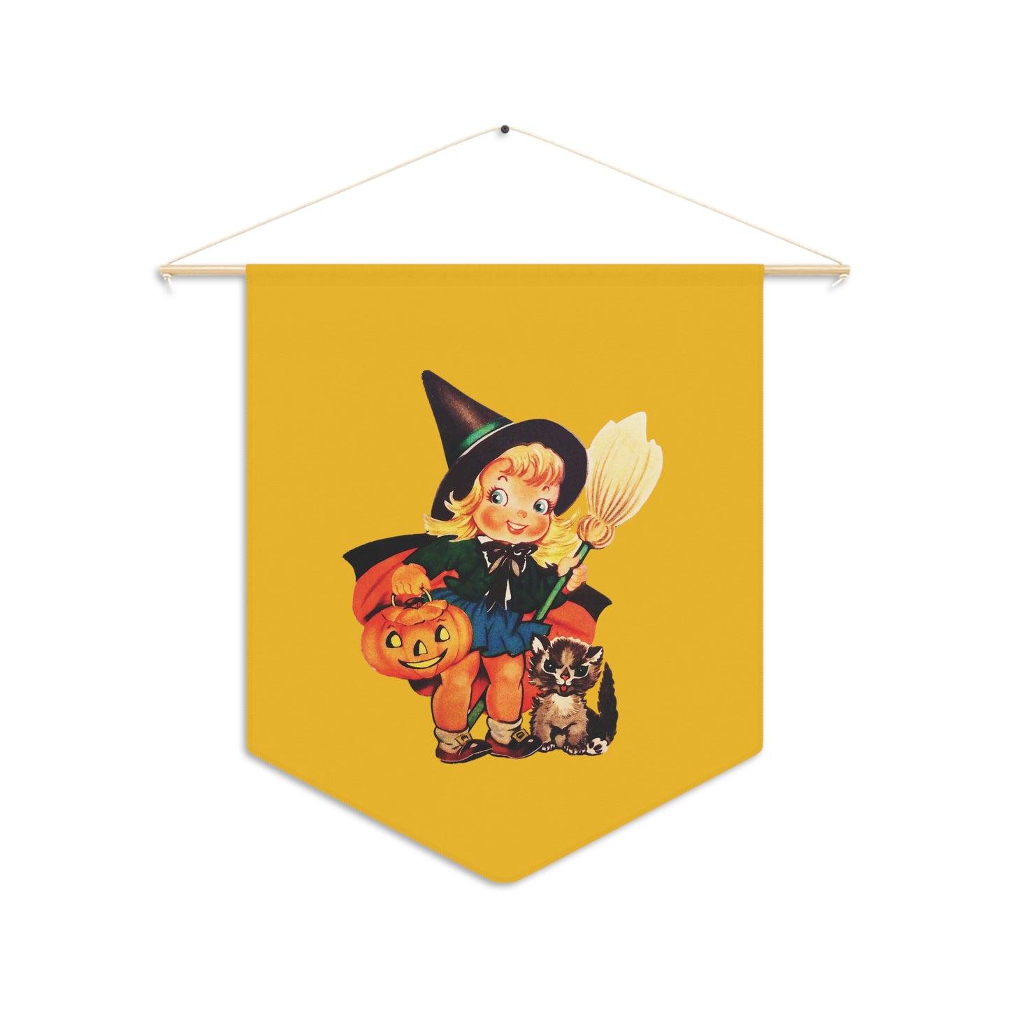 Cute Little Witch And Cat Retro Halloween Print Style Decor Print Wall Hanging Banner Flag