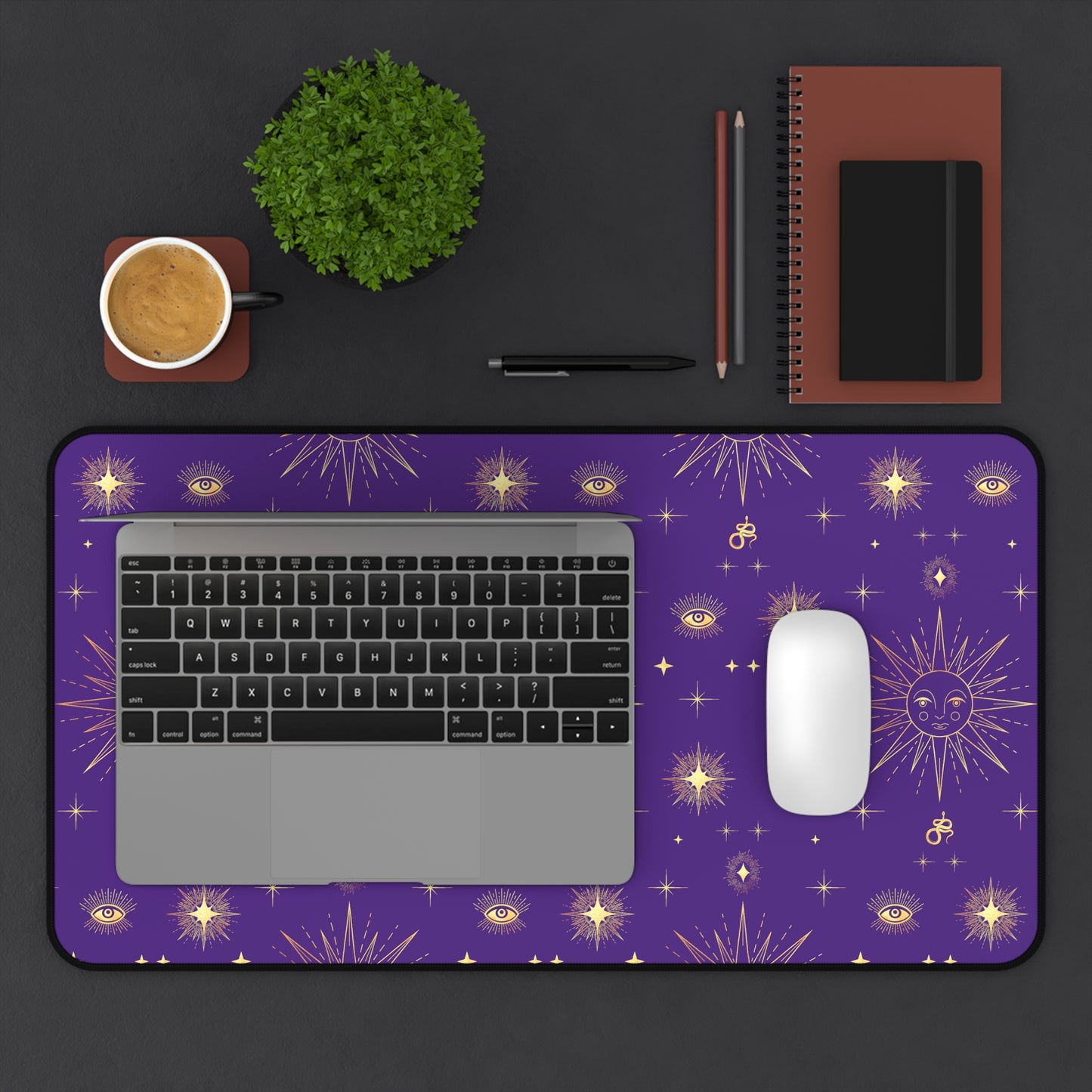 Celestial Gold Sun Stars Tarot Purple Desk Mat - 3 size options