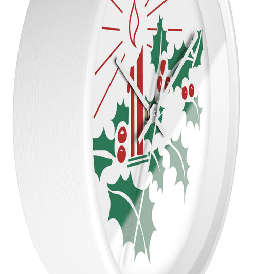 Christmas Candle And Holly Mid Century Retro Print White Christmas Wall Clock