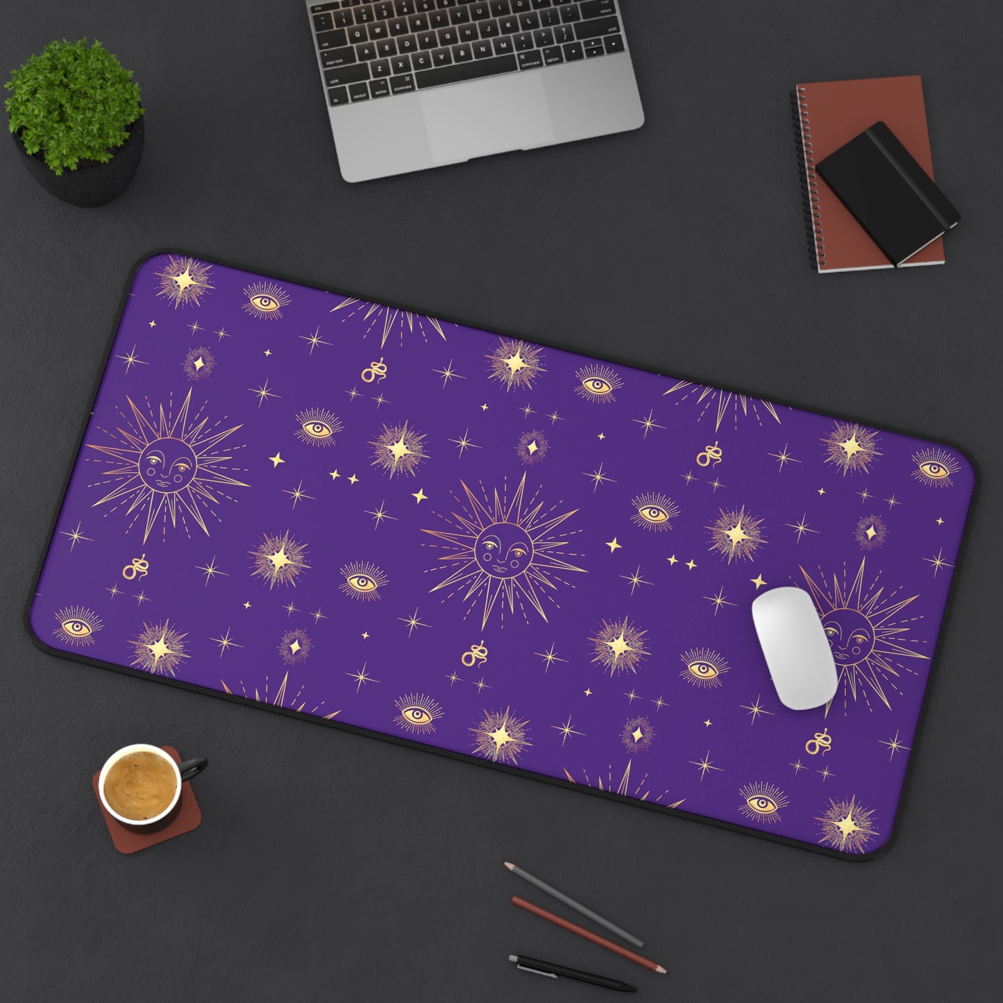 Celestial Gold Sun Stars Tarot Purple Desk Mat - 3 size options