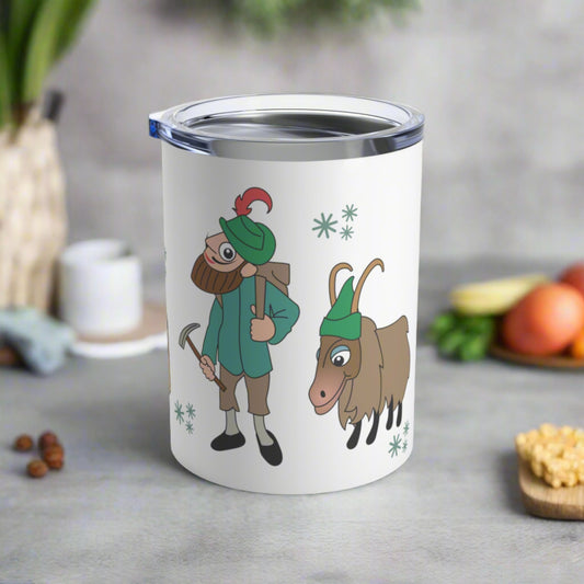 This 10 ounce stainless steel travel tumbler features the characters from The Lonely Goatherd marionette scene in The Sound of Music: The lonely goatherd, girl in the pale pink coat, and the goat family.