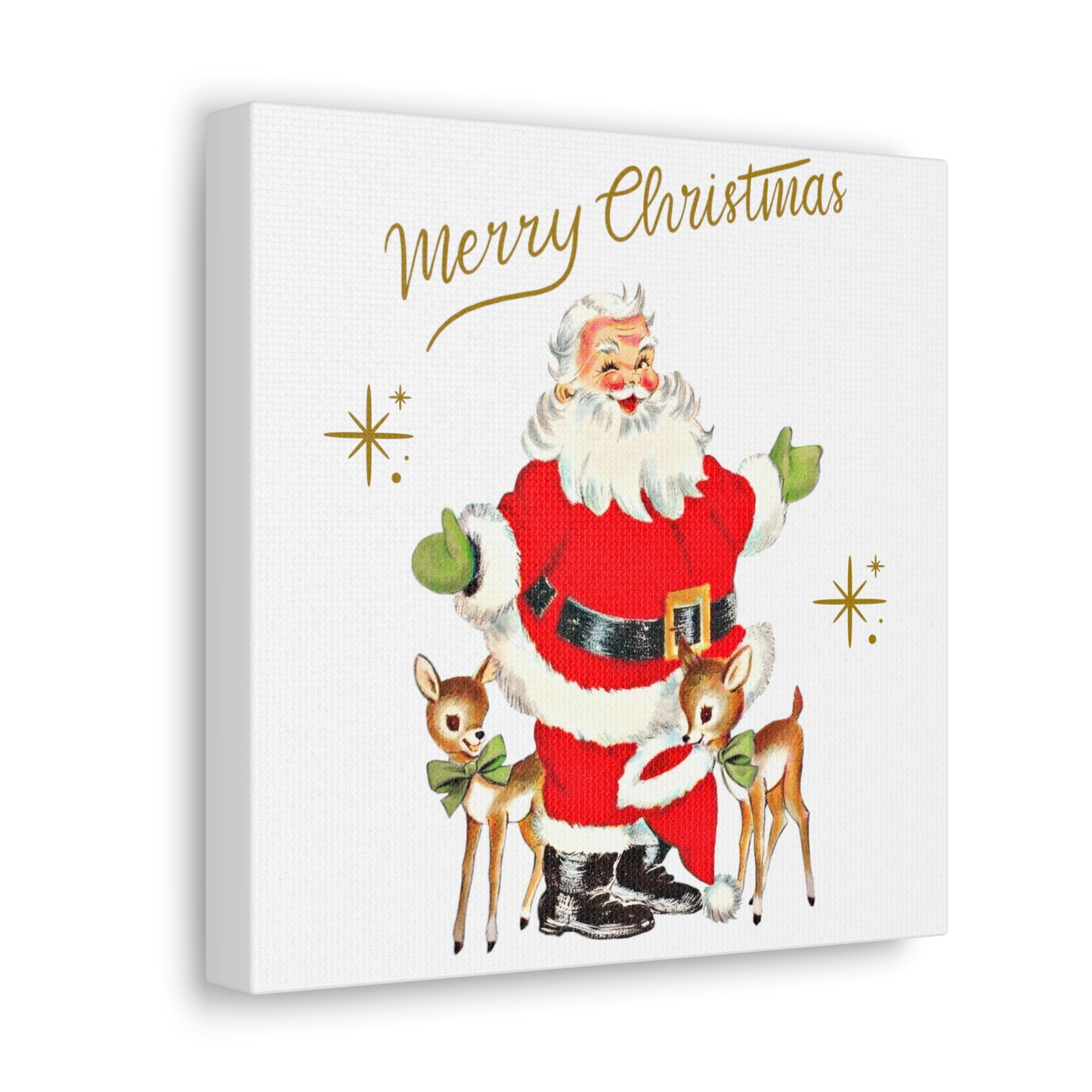 Merry Christmas Santa And Reindeer Mid Century Retro Christmas Canvas Gallery Wrap