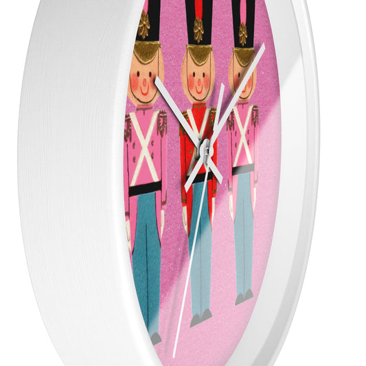 Christmas Toy Soldiers Pink Mid Century Retro Christmas Print White Christmas Wall Clock