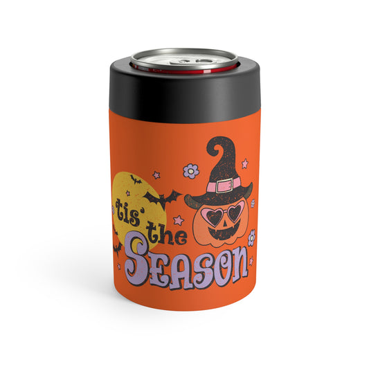 Tis The Season Pumpkin Witch Distressed Print Halloween Lined Stainless Steel Can Holder