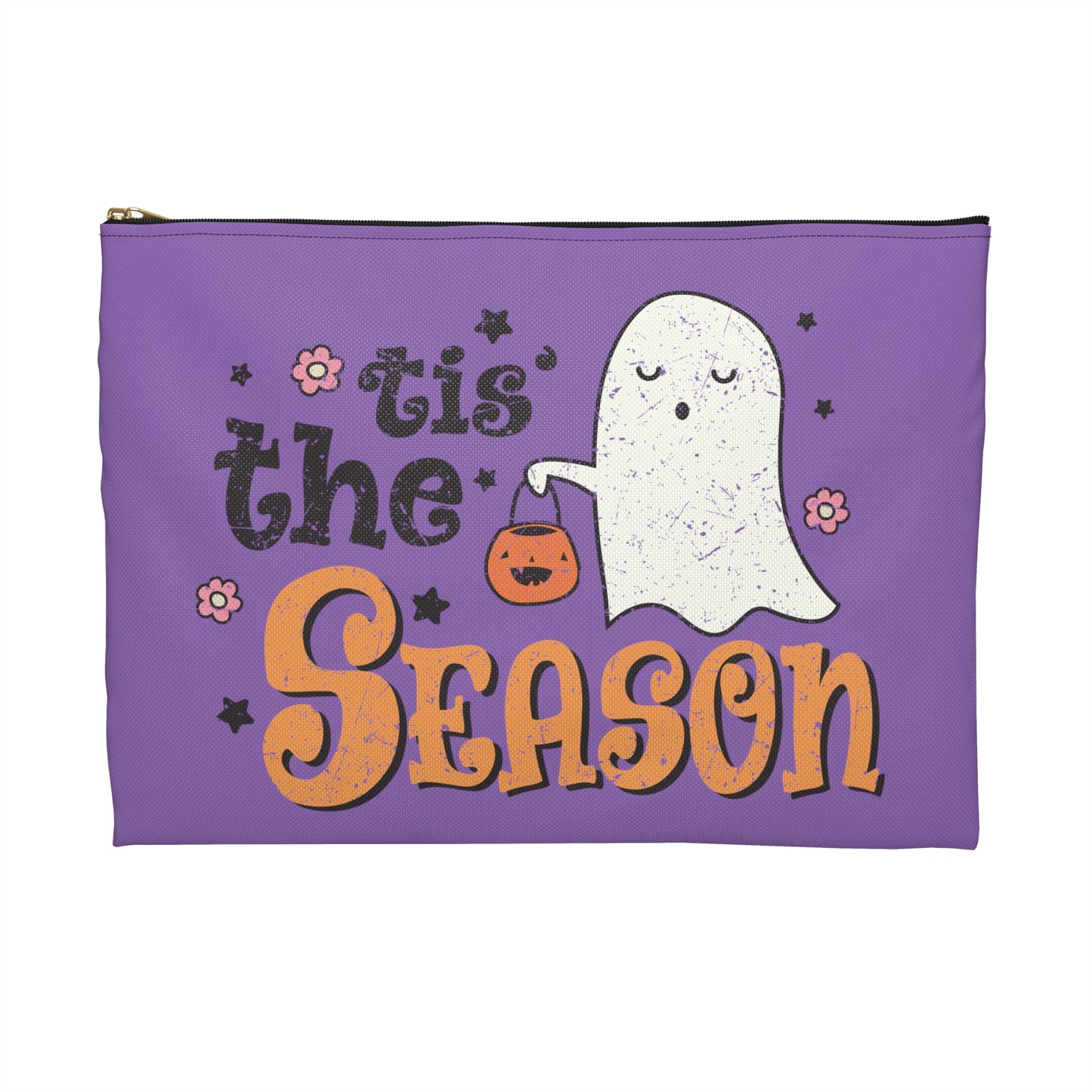 Tis The Season Trick Or Treat Ghost Distressed Halloween Print Accessory Polyester Pouch Travel Bag