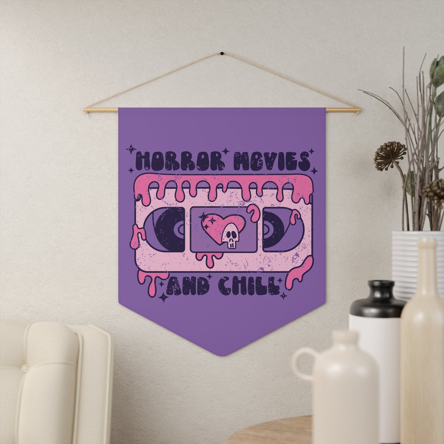 Horror Movies And Chill Distressed Purple Halloween Decor Print Wall Hanging Banner Flag