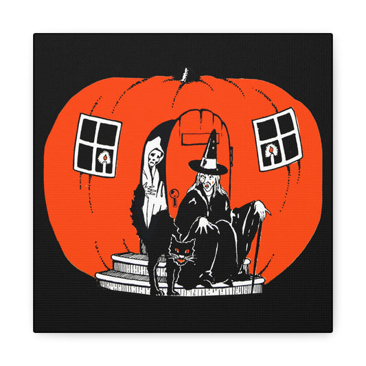 Pumpkin House Witch Black Cat Retro Halloween Decor Print Canvas Gallery Wrap