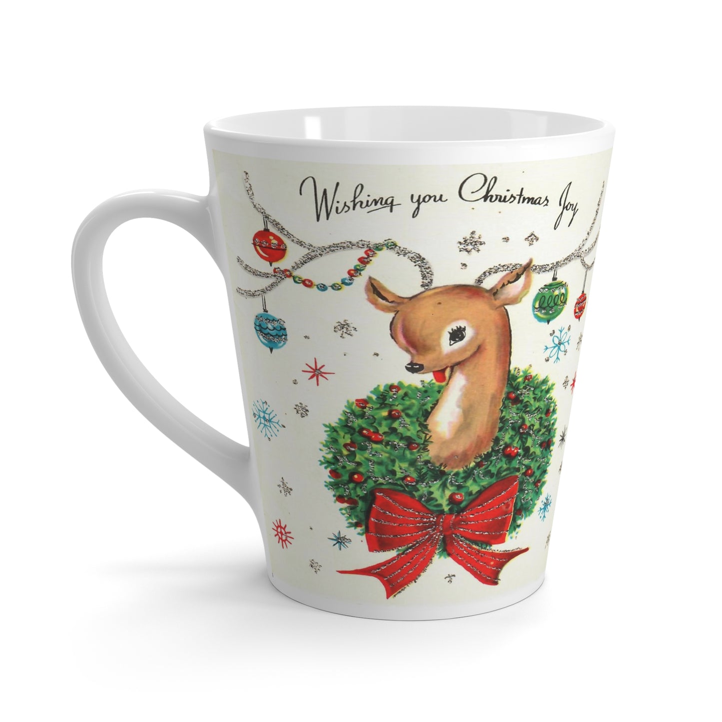 Wishing You Christmas Joy Reindeer With Ornaments Mid Century Retro Christmas Print Latte Coffee Mug