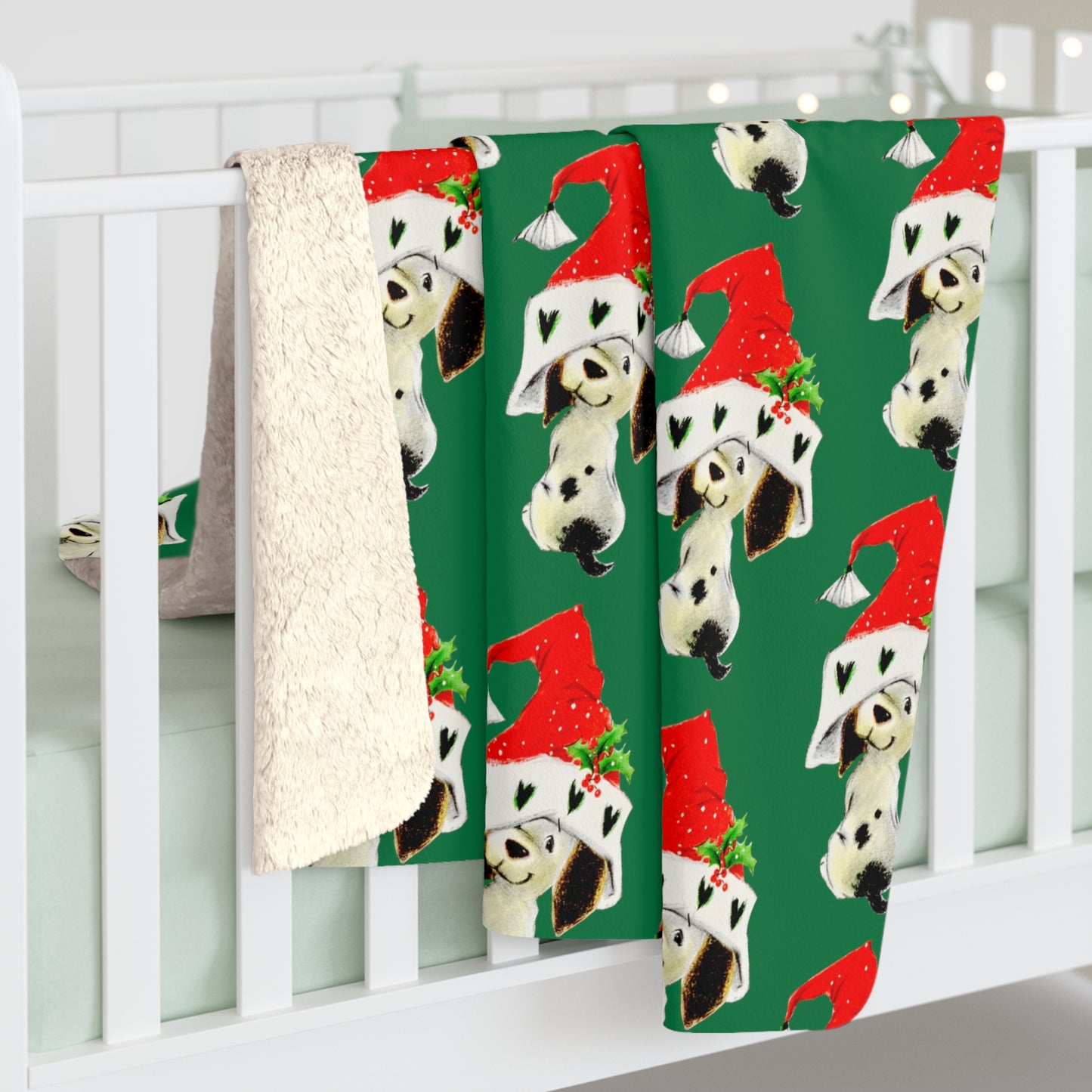 Christmas Dalmation Puppy In Santa Hat Mid Century Retro Christmas Print Sherpa Fleece Blanket