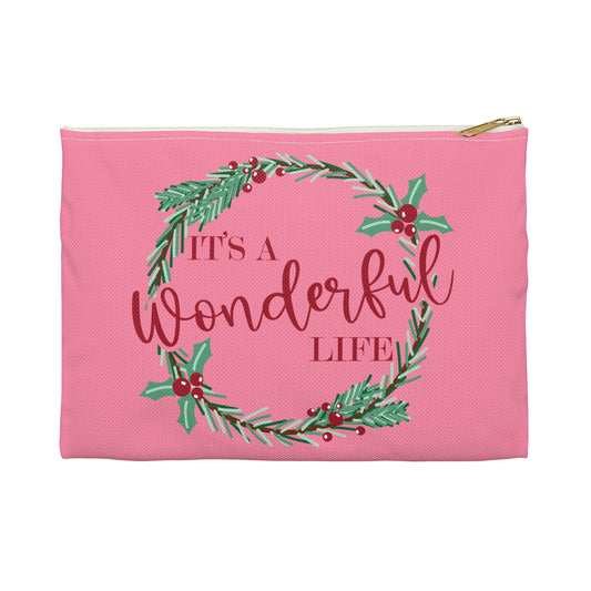 It's A Wonderful Life Wreath Pink Retro Style Christmas Print Polyester Accessory Pouch Travel Bag