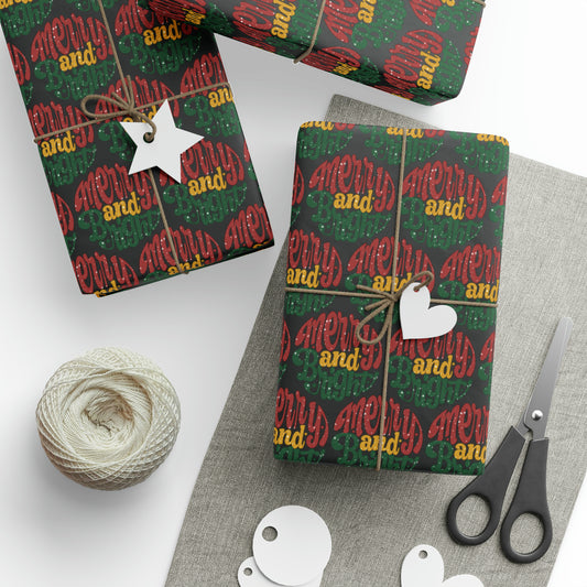 Merry And Bright Black Christmas Print Holiday Gift Wrap Paper - Glossy Or Matte