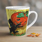 This glossy ceramic latte mug features a vintage Halloween illustration featuring a black kitty carrying a Jack 'o Lantern.