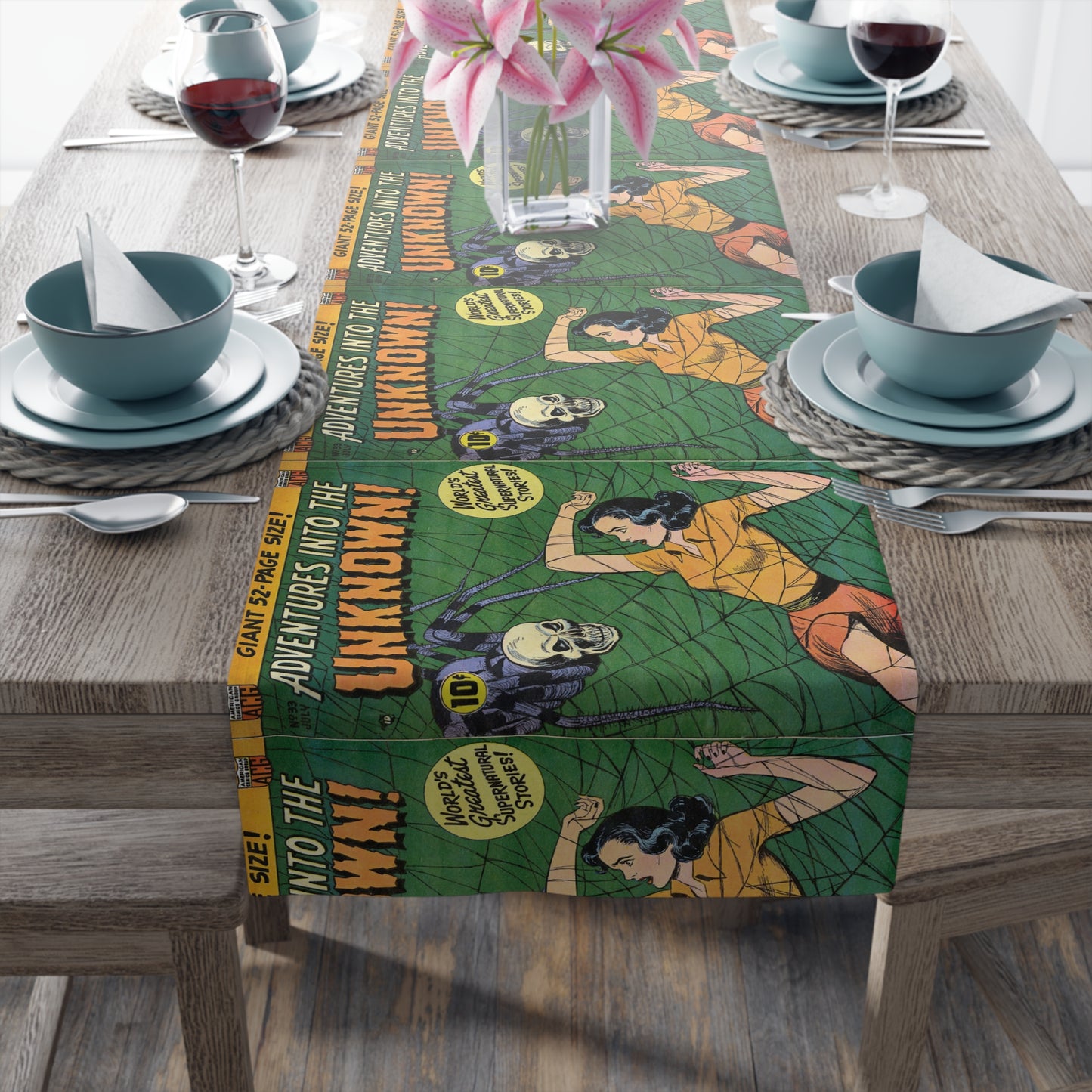 Adventures Into The Unknown Vintage Horror Gothic Comic Book Cover Retro Halloween Print Cotton Poly Table Runner