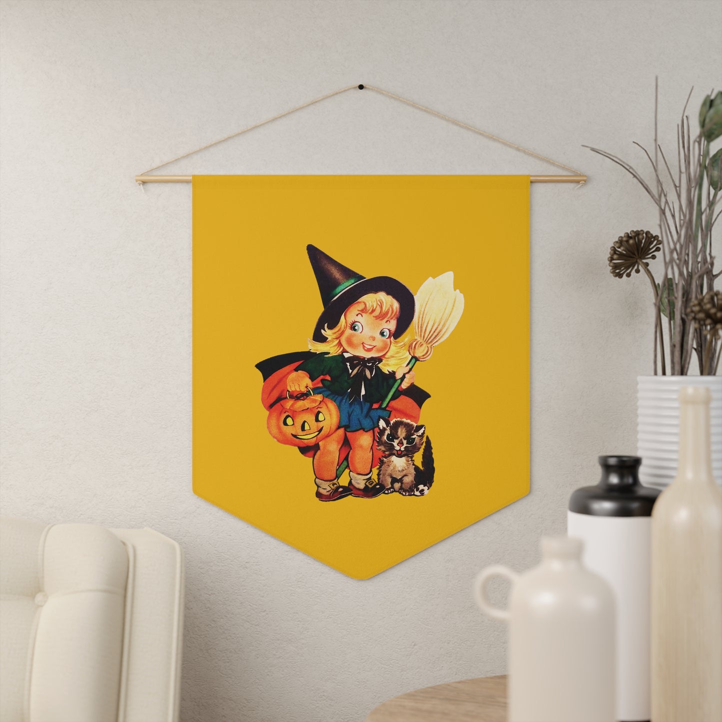 Cute Little Witch And Cat Retro Halloween Print Style Decor Print Wall Hanging Banner Flag