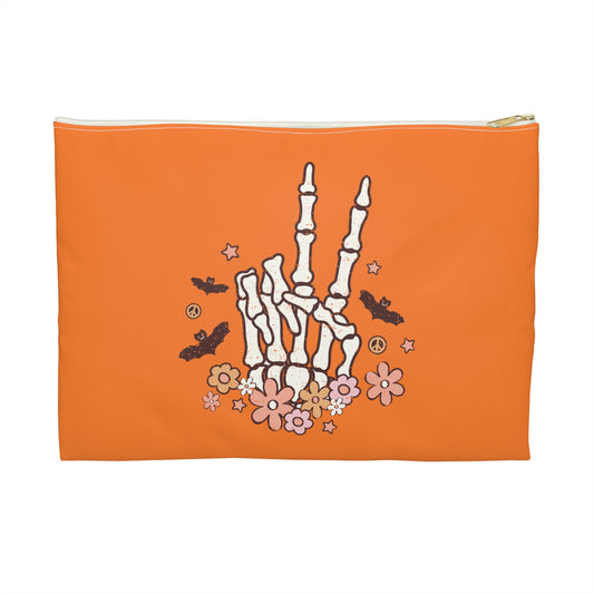 Skeleton Peace Sign Distressed Style Halloween Print Polyester Accessory Pouch Travel Bag