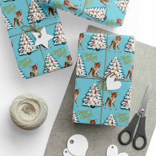 Merry Christmas Reindeer With Candy Cane Tree Blue Mid Century Retro Christmas Print Holiday Gift Wrap Paper - Glossy Or Matte