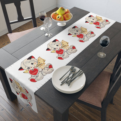 Mid Century Kitten Valentine Table Runner - Retro Print in Natural Cotton or Quick-Dry Polyester - 16"x72" or 16"x90" Sizes