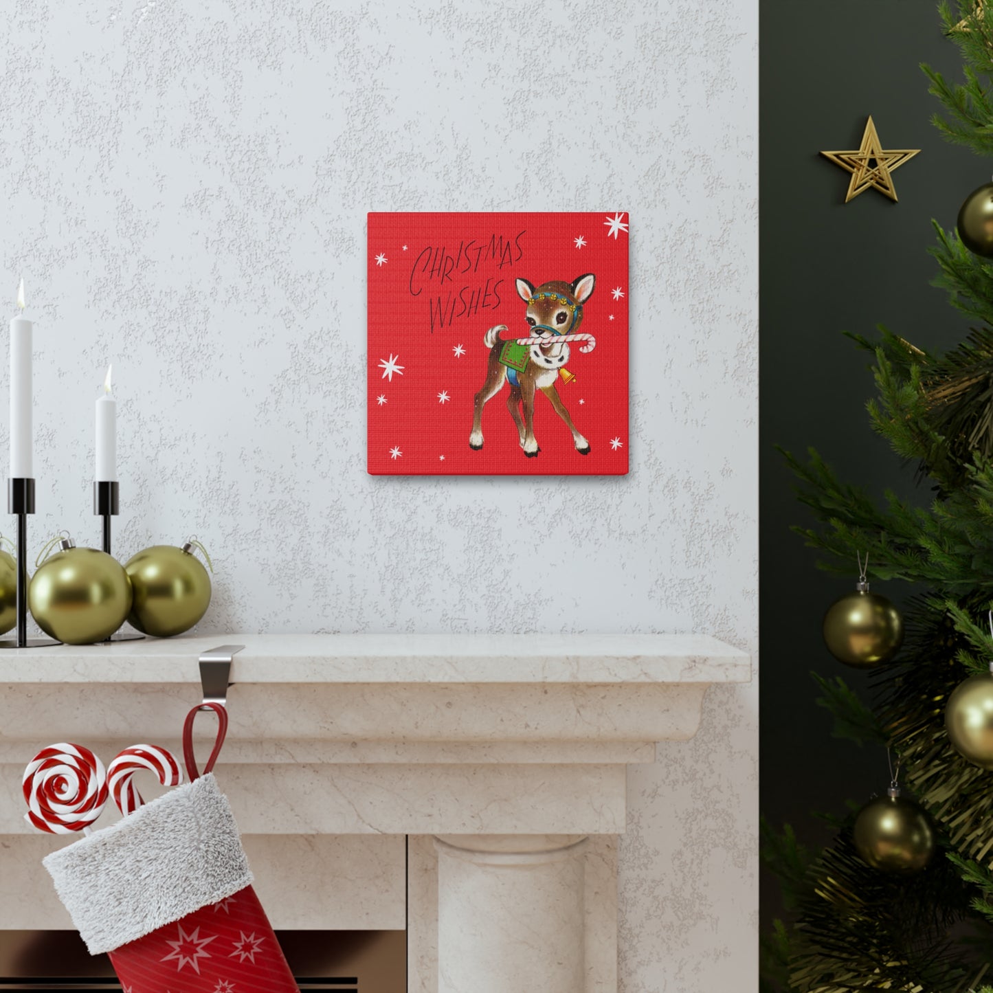 Christmas Wishes Cute Reindeer Mid Century Retro Christmas Canvas Gallery Wrap