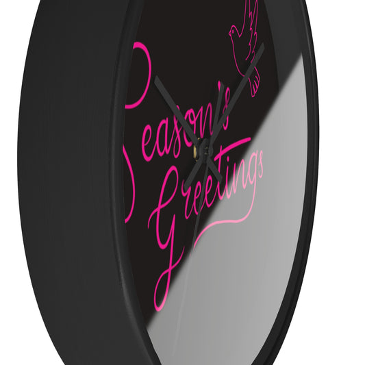 Pink Season's Greetings Dove Christmas Black Wall Clock