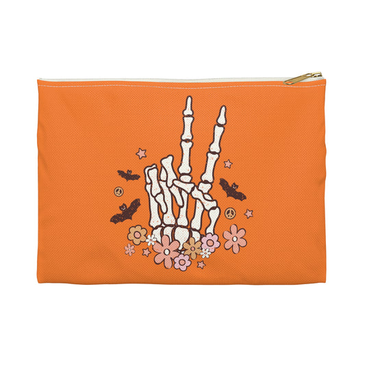 Skeleton Peace Sign Distressed Style Halloween Print Polyester Accessory Pouch Travel Bag