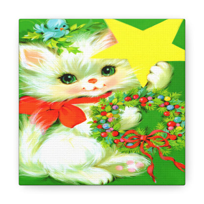 Christmas Kitten With Star Wreath Retro Christmas Print Canvas Gallery Wrap