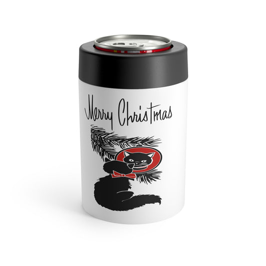 Merry Christmas Black Cat Ornament Mid Century Retro Christmas Print Stainless Steel Can Holder