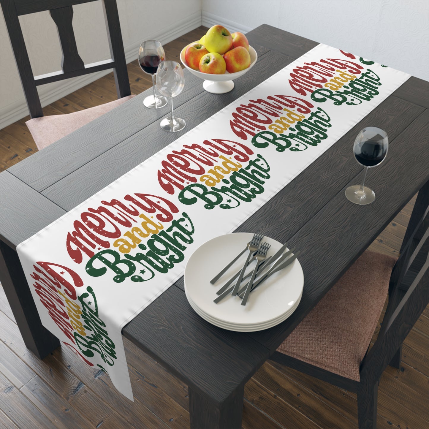 Merry And Bright Retro Style Christmas Print Home Decor Cotton Poly Table Runner