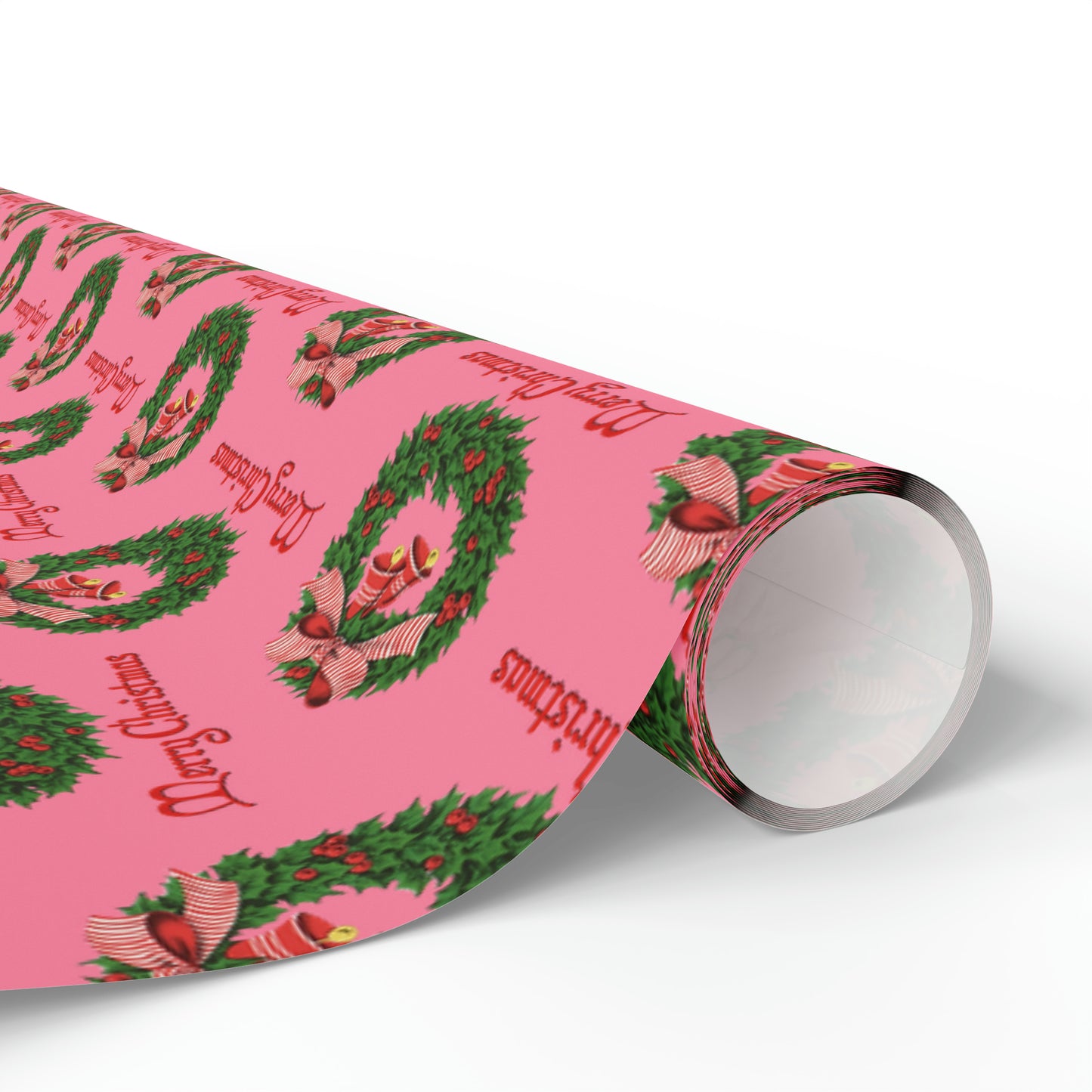 Merry Christmas Wreath Pink Retro Christmas Print Holiday Gift Wrap Paper - Glossy Or Matte