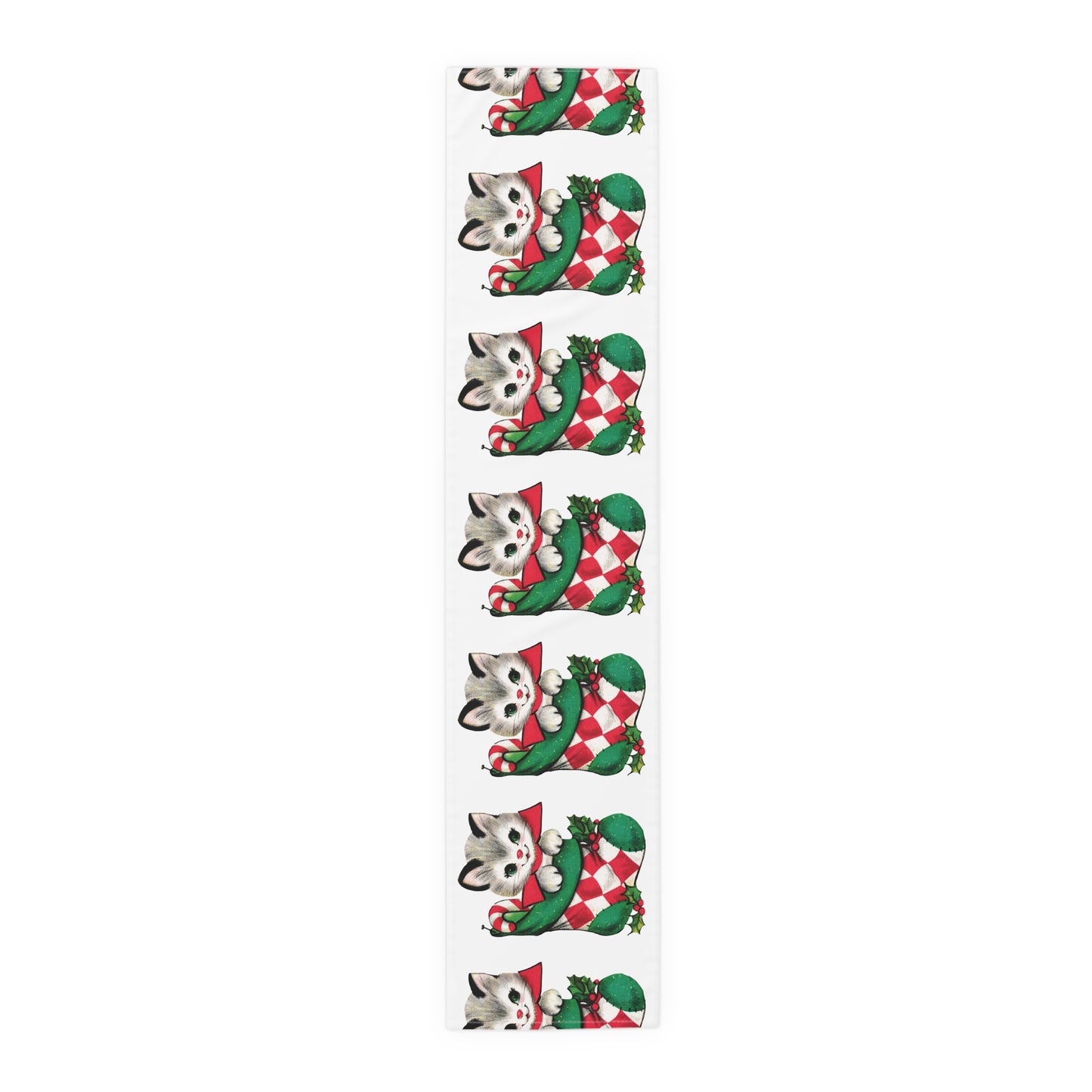 Cute Christmas Kitten In Stocking Mid Century Retro Christmas Print Home Decor Cotton Poly Table Runner