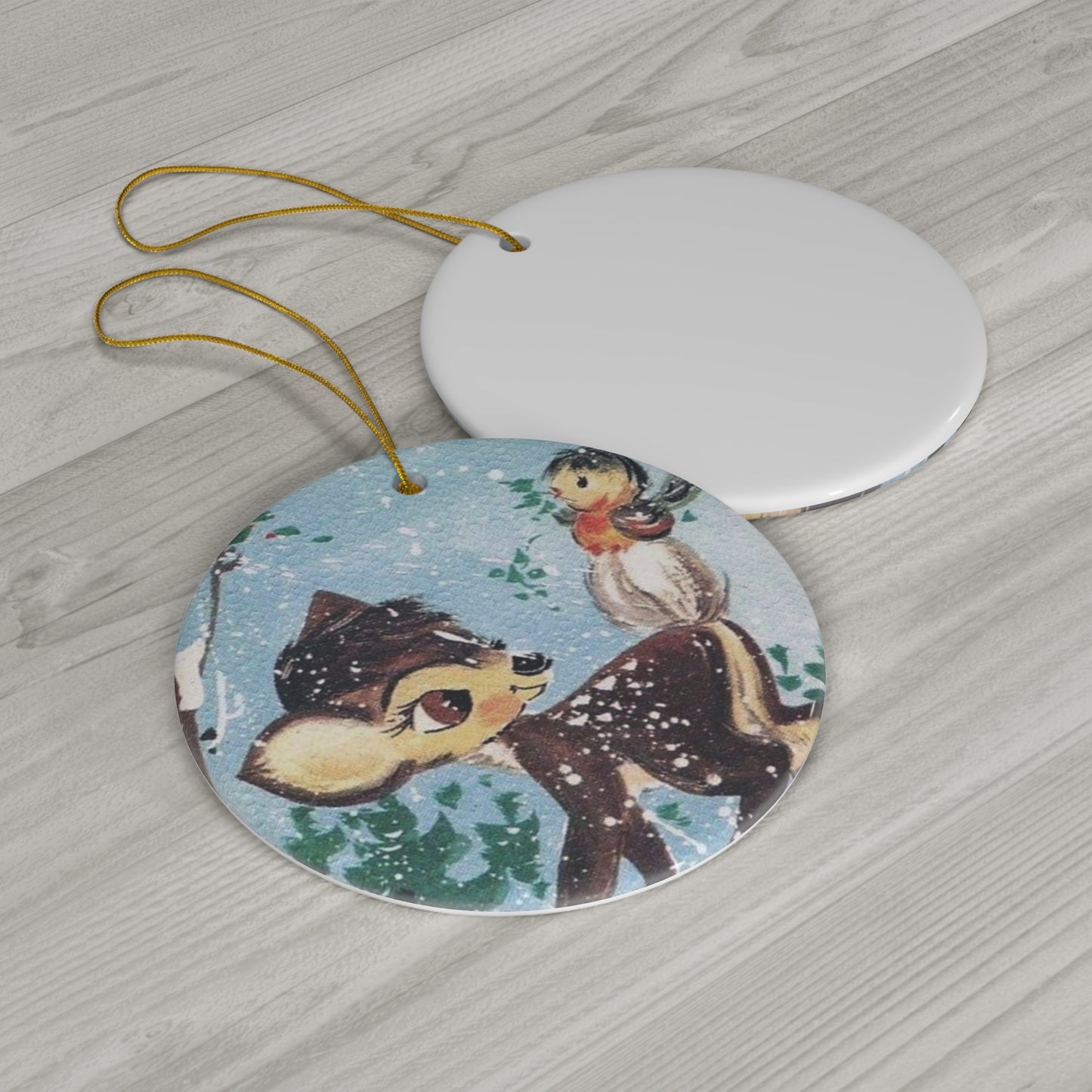 Deer And Bird In Snow Woodland Winter Retro Christmas Print Ceramic Ornament