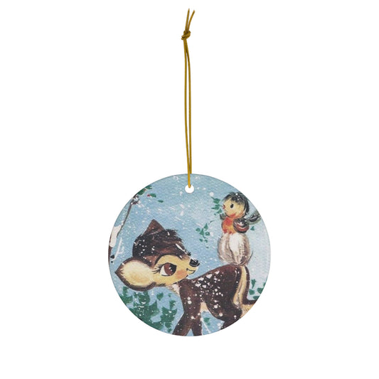 Deer And Bird In Snow Woodland Winter Retro Christmas Print Ceramic Ornament