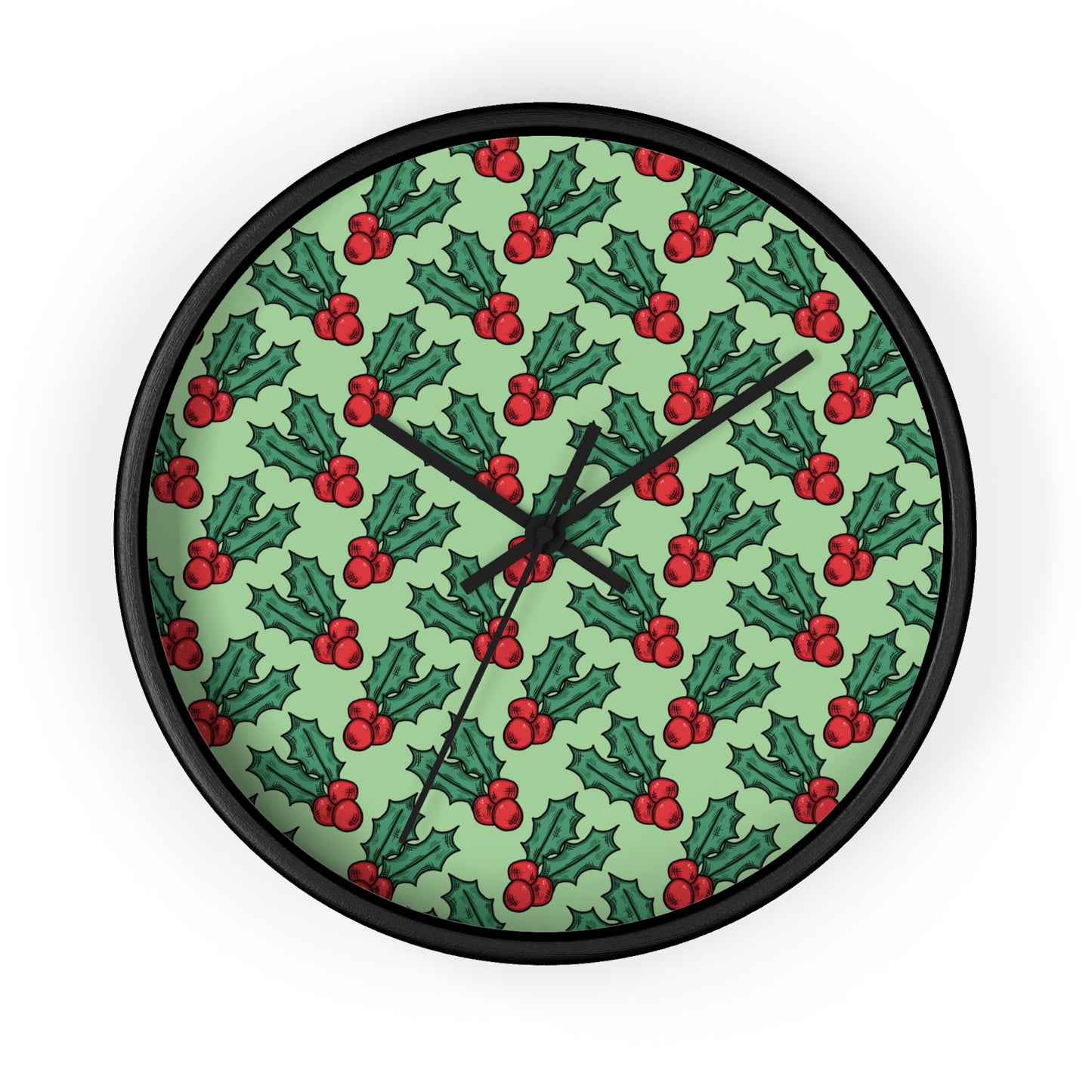 Cute Christmas Holly Christmas Print Black Wall Clock