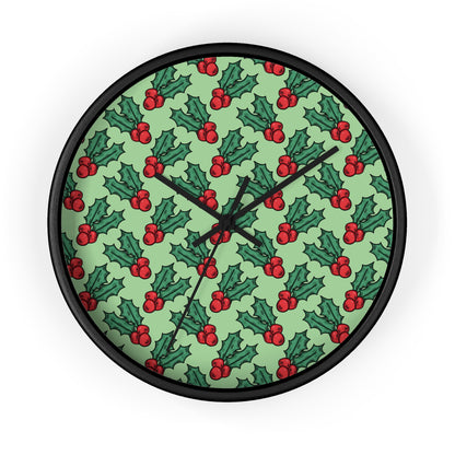 Cute Christmas Holly Christmas Print Black Wall Clock